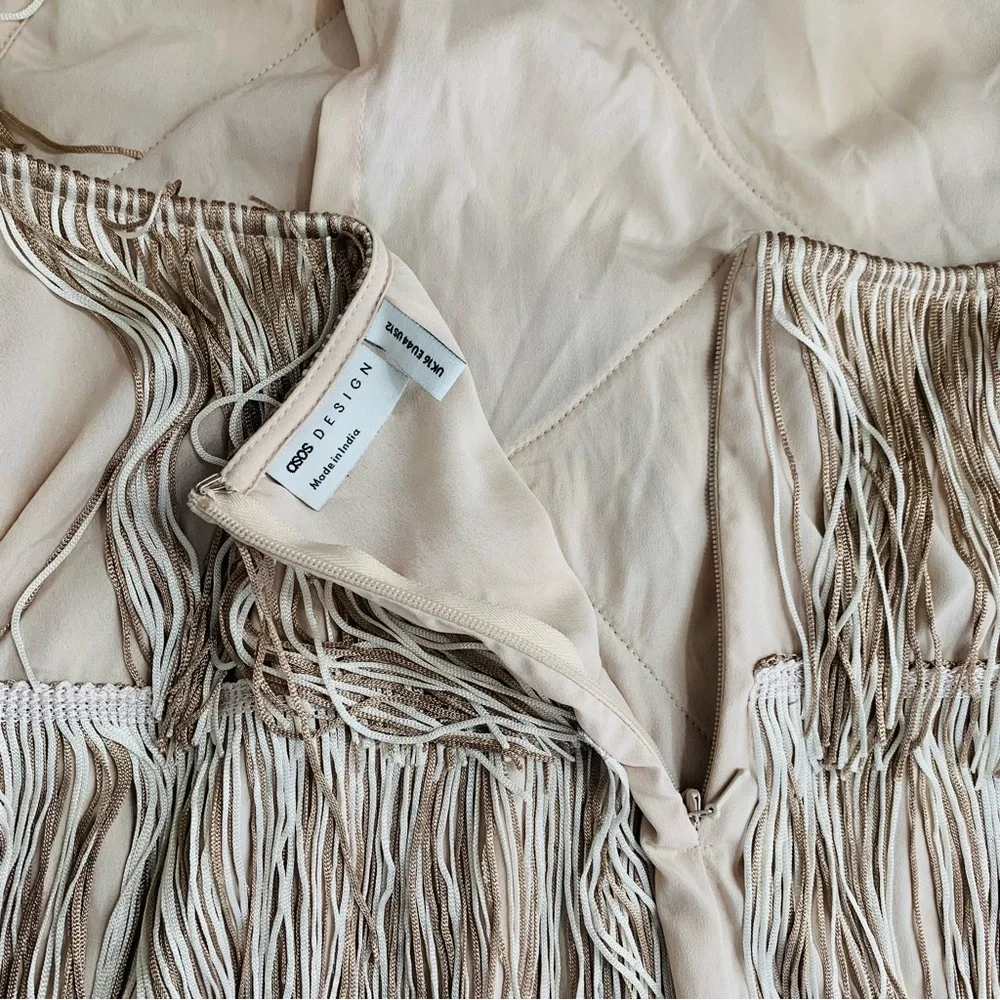 ASOS DESIGN Layered Fringe Tassel Mini Dress Chain Strap Showgirl Vibes Size 12 - Picture 11 of 15